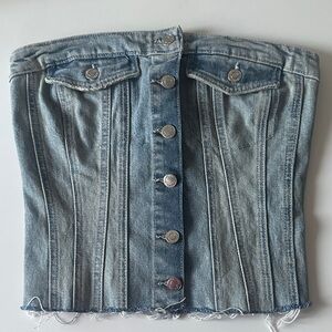 ZARA Denim Blue Distressed Button Down Corset Top Size M